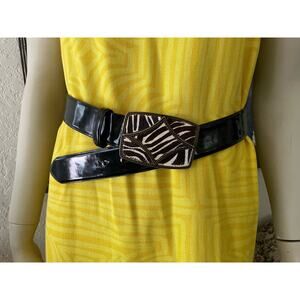 Oscar Leather Lined Ladies Belt Faux? Fur on Metal Buckle M Glossy Black